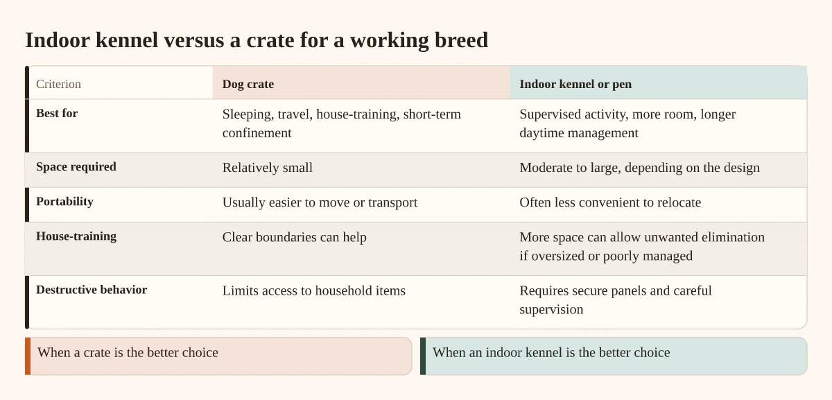 Indoor kennel versus a crate for a working breed. Decision comparison. Dog crate versus Indoor kennel or pen. Best for; Space required; Portability; House-training; Destructive behavior. When a crate is the better choice; When an indoor kennel is the better choice